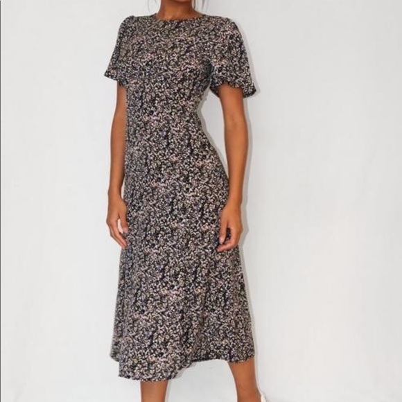 Lilac Floral Print Flutter Sleeve Midi 